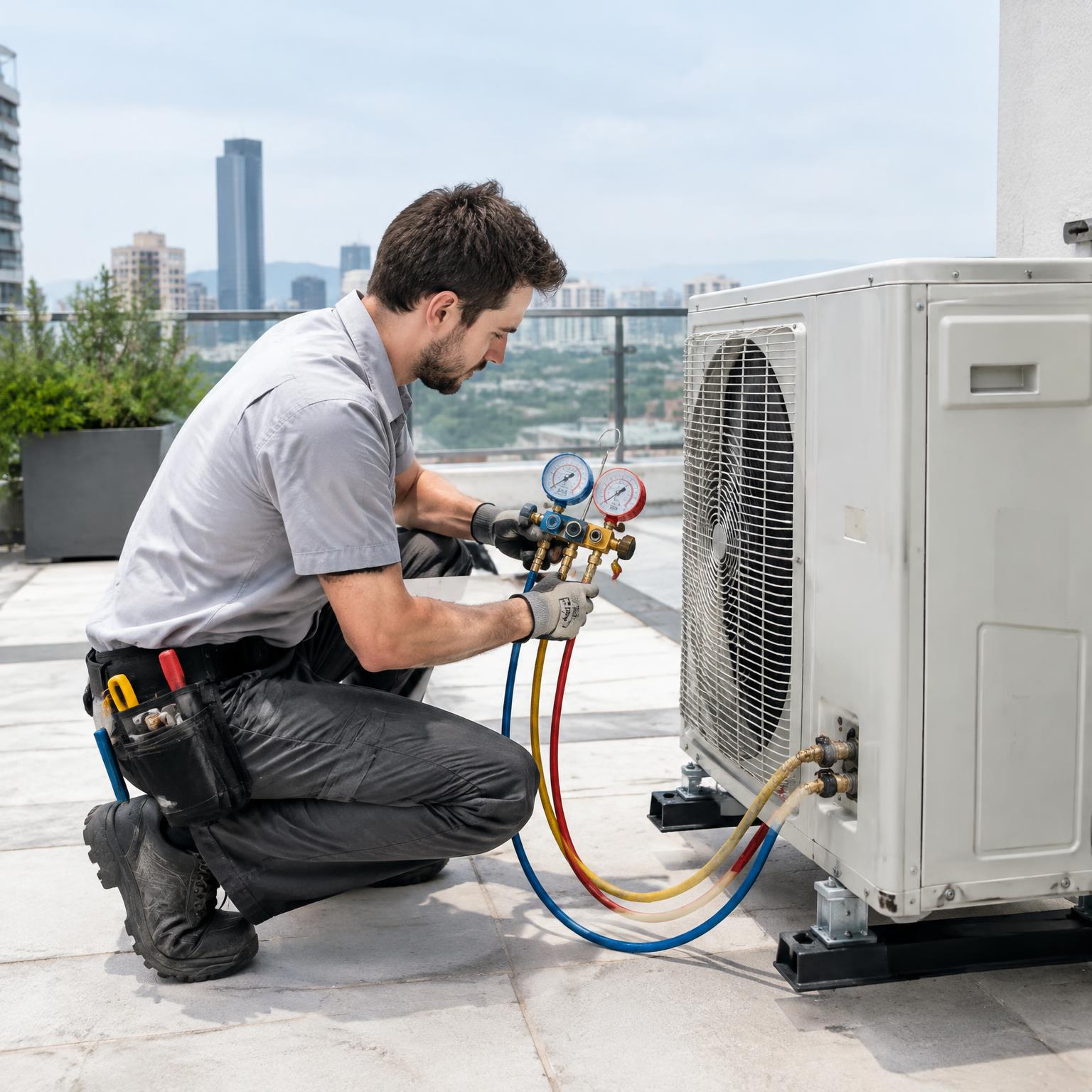 Técnico realizando manutenção na condensadora de ar-condicionado com manômetros