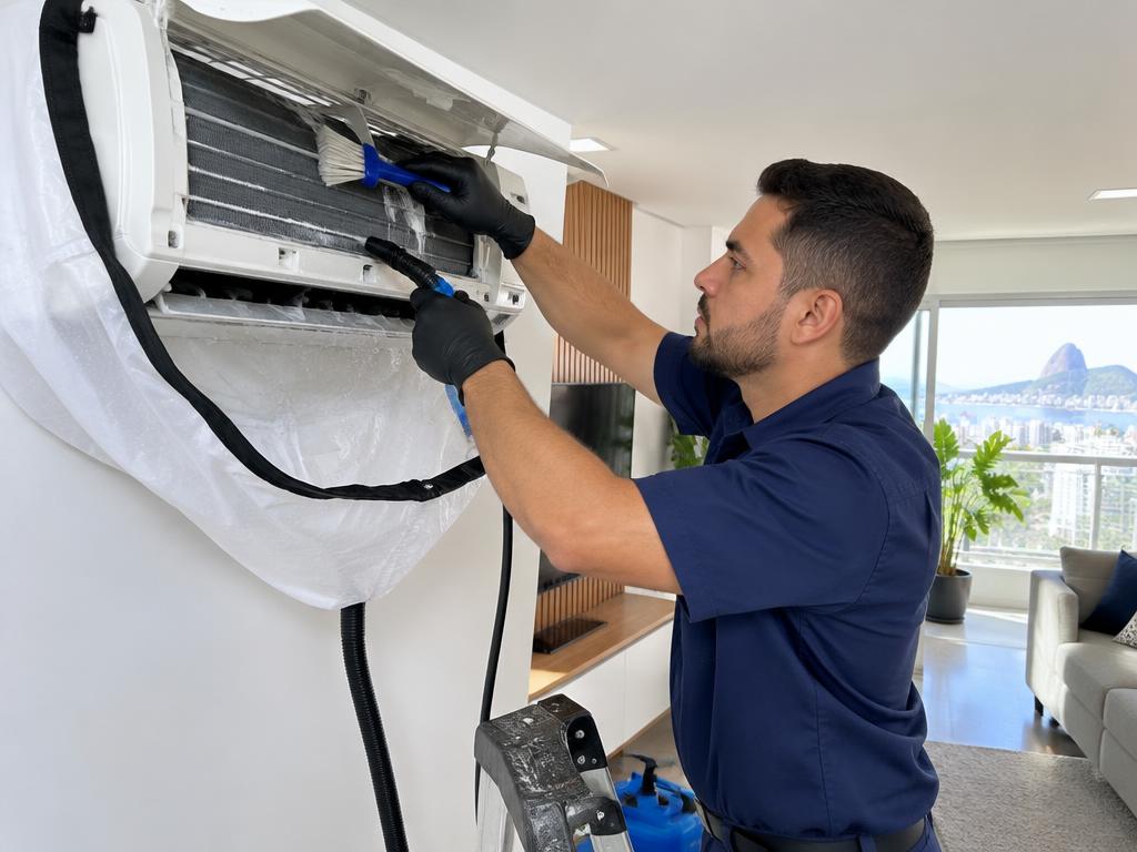 Técnico realizando limpeza de ar-condicionado split